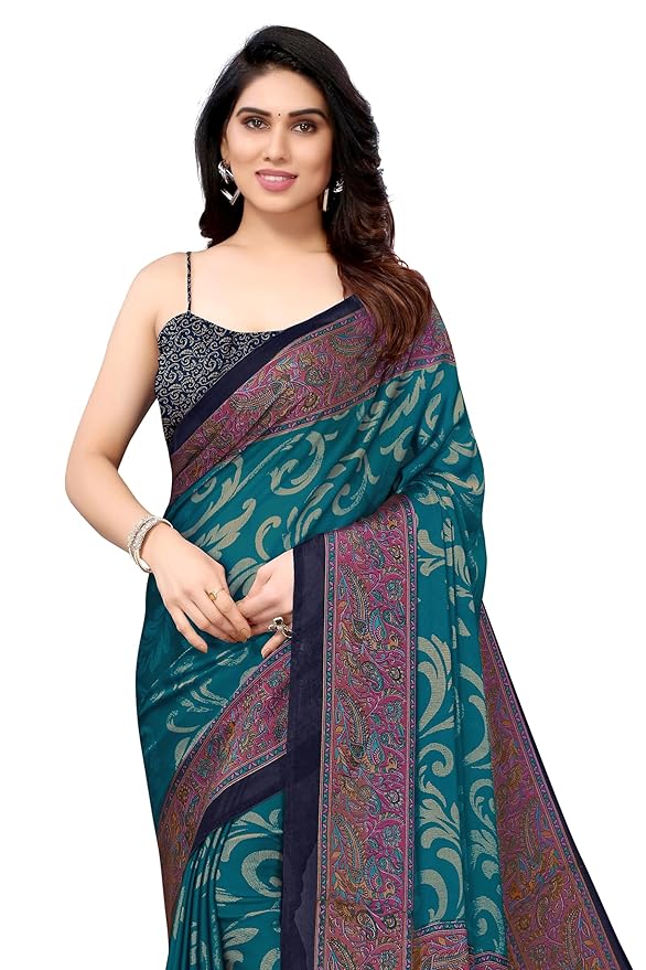 Printed Chiffon Saree for Women | Contrast Border | Peacock Pallu