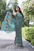 Light Blue Chiffon Saree for Women | Floral Printed Design