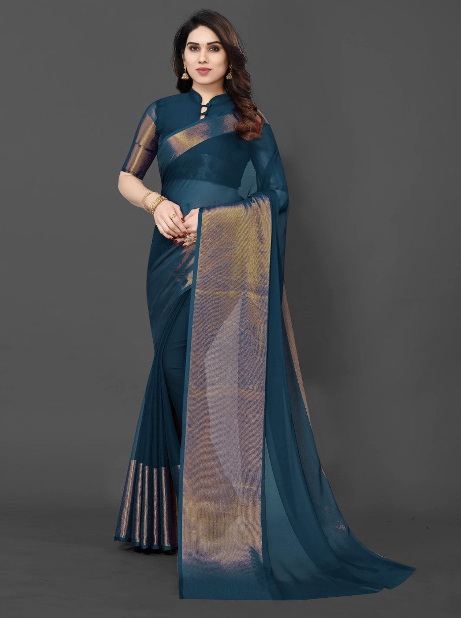 Peacock Blue Chiffon Saree for Women | Golden Patta Striped Design