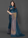 Peacock Blue Chiffon Saree for Women | Golden Patta Striped Design