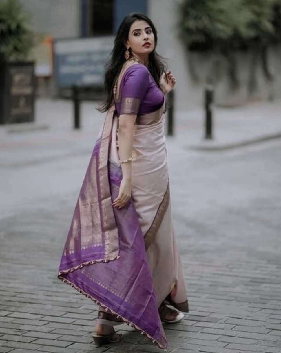 Purple Kanjivaram Silk Saree for Women | Zari Woven Design with Gold Border