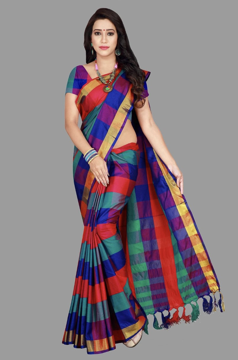 Multicolor Cotton Silk Saree for Women | Checkered Design with Gold Border