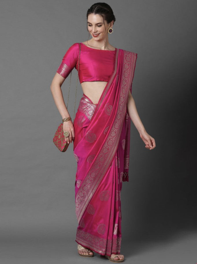 Banarasi Silk Blend Saree for Women | Pink and Silver | Paisley Woven Design