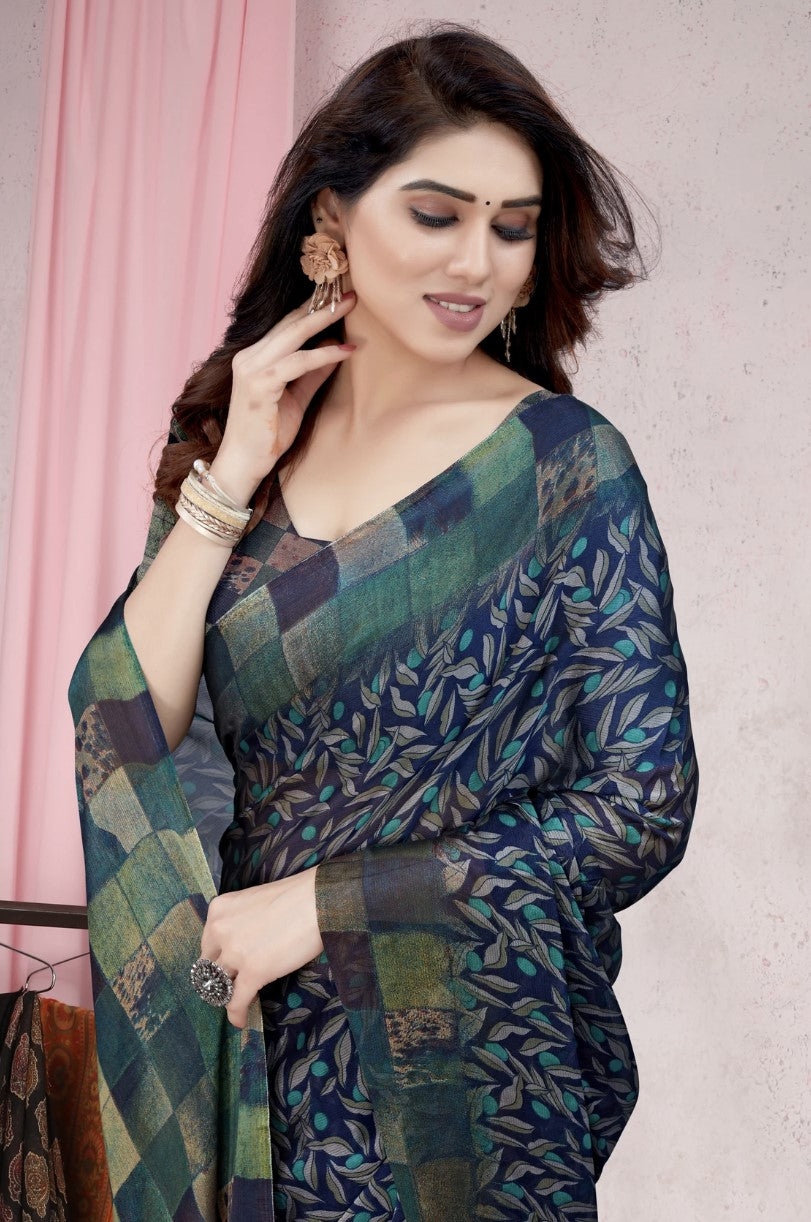 Dark Blue Chiffon Saree for Women | Botanical Printed Design