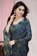 Dark Blue Chiffon Saree for Women | Botanical Printed Design