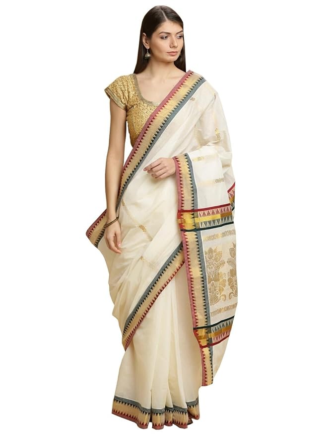 Cotton Kasavu Saree for Women | Traditional Tower Border | With Blouse Piece