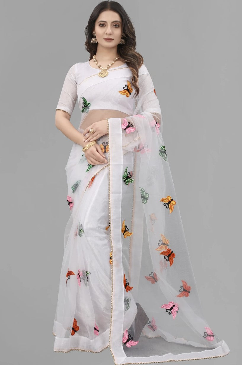 White Net Embroidery Saree for Women with Lace Border | Art Silk Blouse Piece