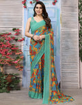 Green Georgette Saree for Women | Printed Floral Botanical Design