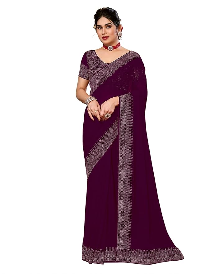Georgette Saree for Women | Hot Fixing Design | Wine with Matching Blouse