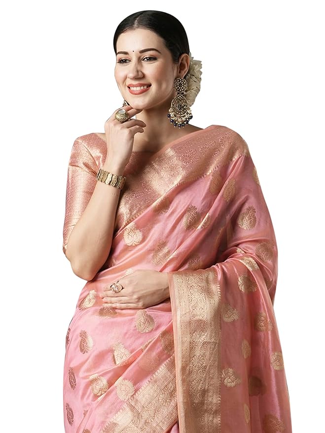Organza Saree for Women | Zari Woven Ethnic Motif Design | Pink with Banarasi Silk Blouse