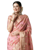 Organza Saree for Women | Zari Woven Ethnic Motif Design | Pink with Banarasi Silk Blouse