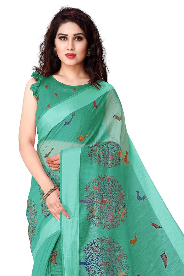 Cotton Blend Saree for Women | Madhubani Forest Print with Satin Woven Border | Teal