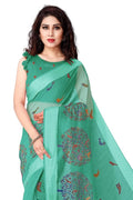 Cotton Blend Saree for Women | Madhubani Forest Print with Satin Woven Border | Teal