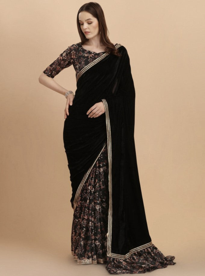 Black Velvet Saree for Women | Floral Print with Gotta Patti Work