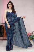 Blue Chiffon Saree for Women | Floral Printed Design with Chiffon Blouse Piece