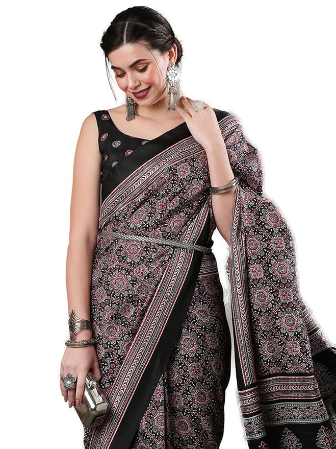 Dola Silk Saree for Women | Ajrak Block Print Design | Black with Floral Blouse