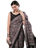 Dola Silk Saree for Women | Ajrak Block Print Design | Black with Floral Blouse