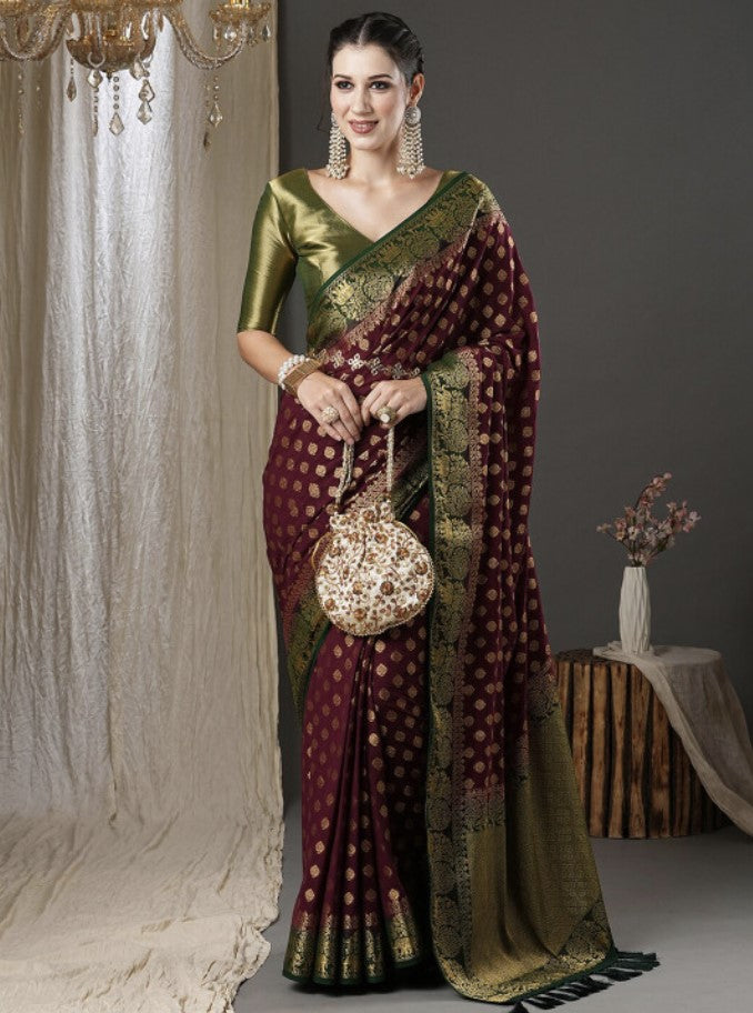 Kanjeevaram Pure Georgette Saree for Women | Burgundy and Green