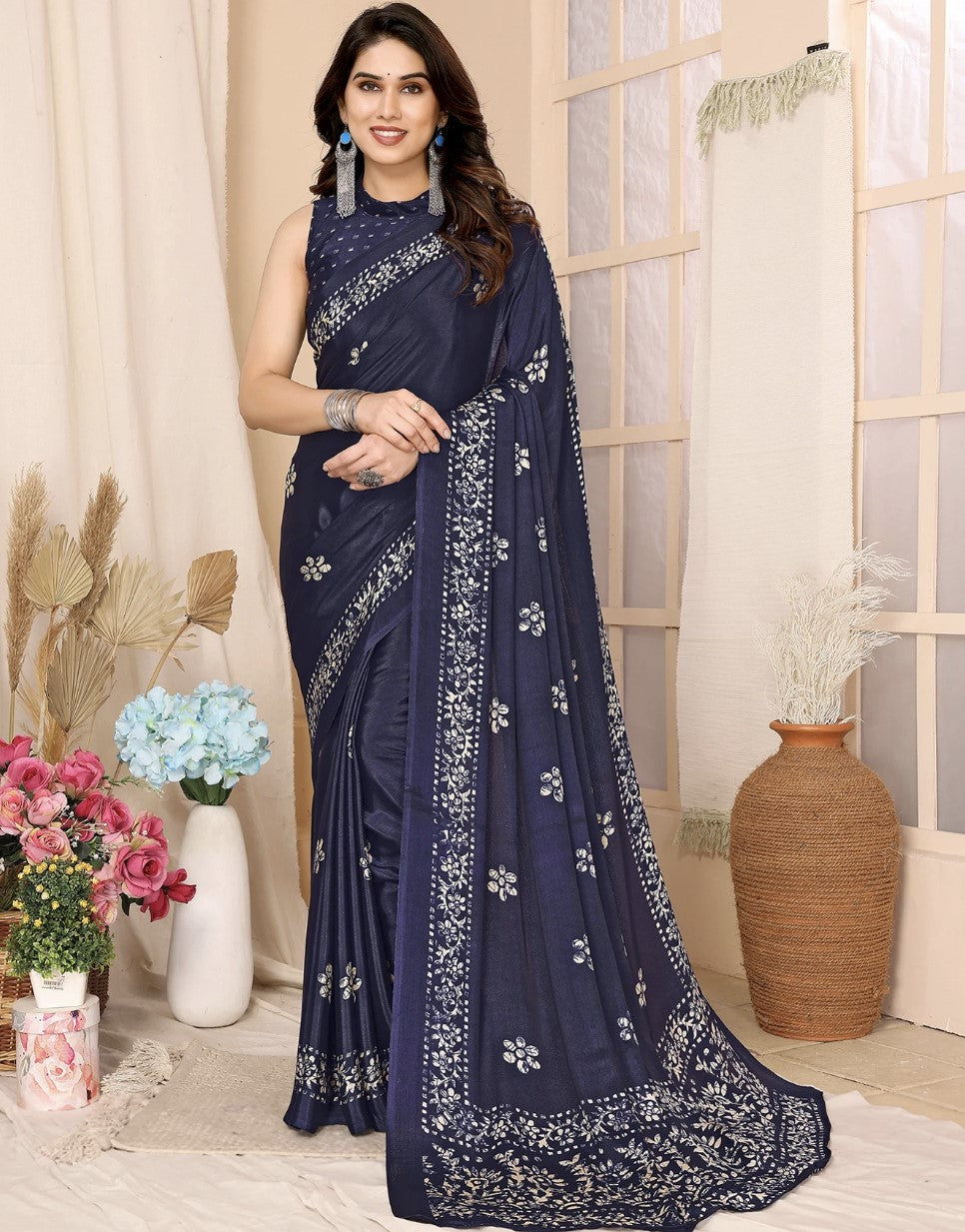 Pink Tussar Silk Saree for Women | Floral Printed Bollywood Style with Brocade Detail