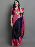 Navy Blue Kanjivaram Cotton Silk Saree for Women | Temple Border Woven Design