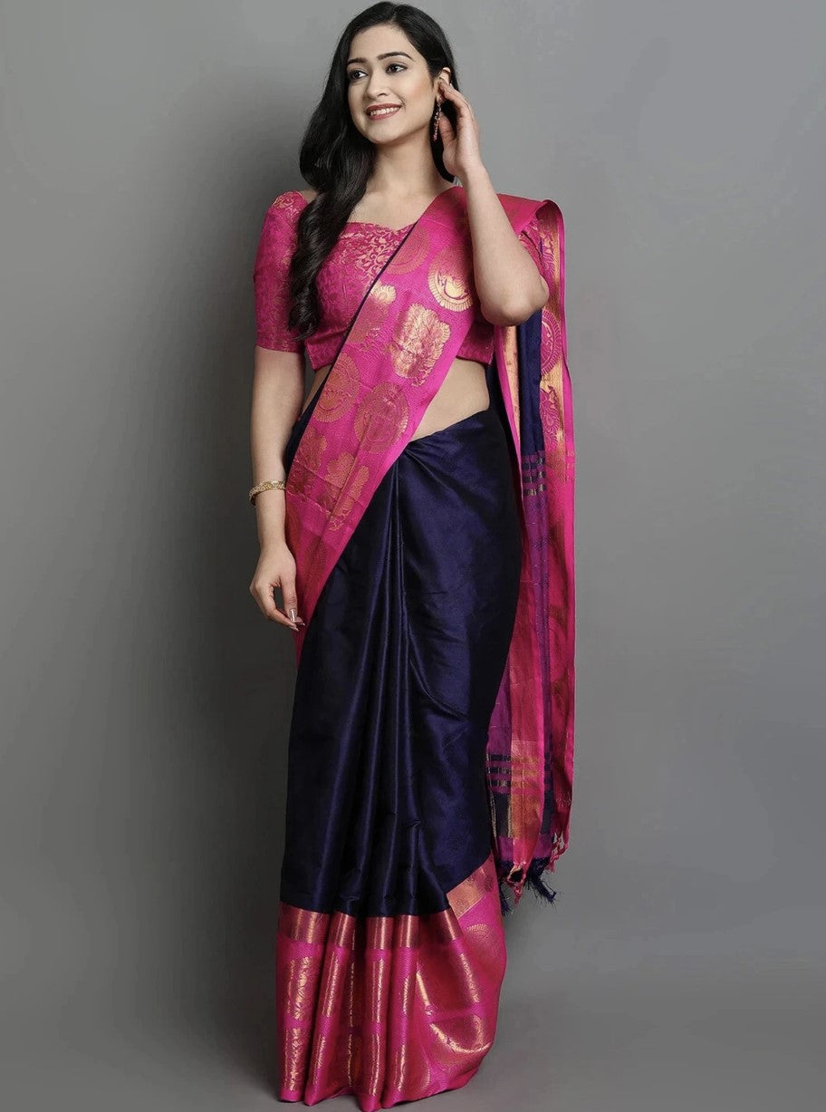 Navy Blue Kanjivaram Cotton Silk Saree for Women | Temple Border Woven Design