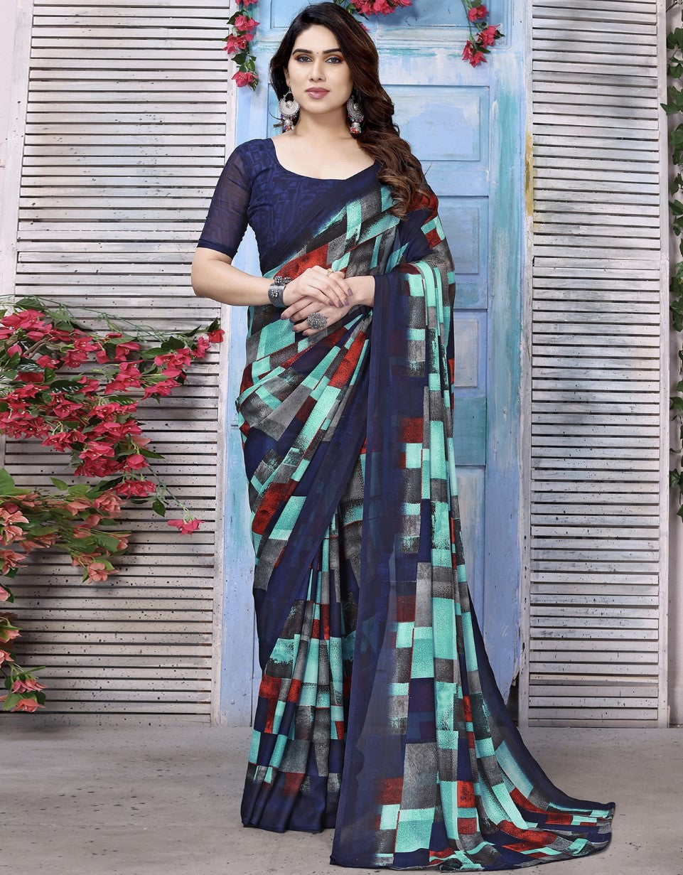 Multicolor Georgette Saree for Women | Floral and Geometric Printed Design