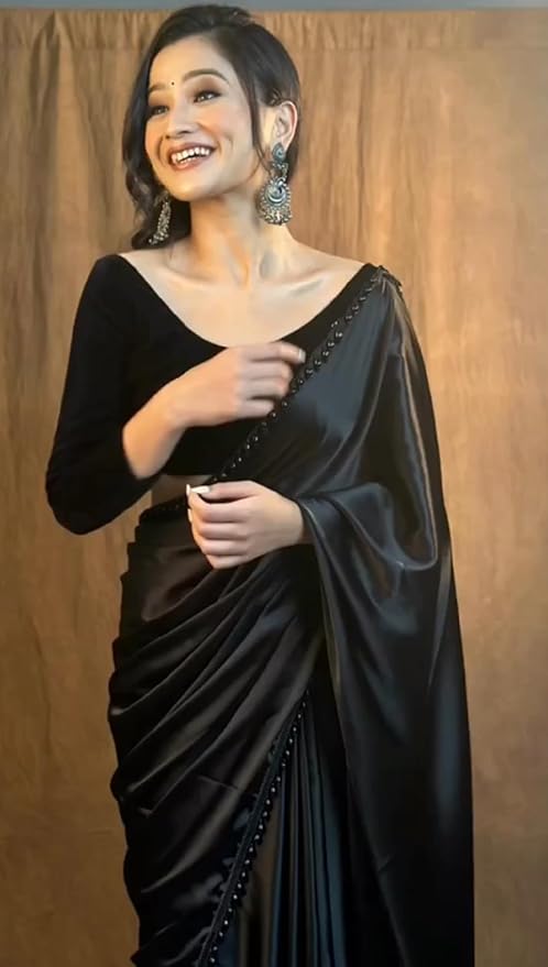 Ready to Wear Satin Silk Black Saree for Women | Embroidered Design with Velvet Blouse