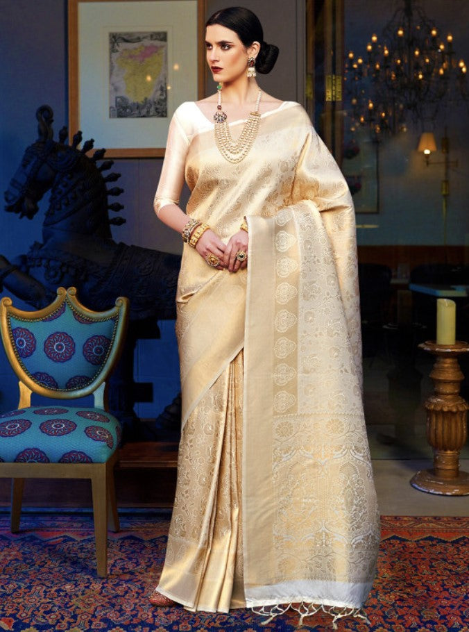 Kanjeevaram Silk Blend Saree for Women | Cream and Gold