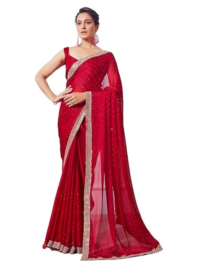 Organza Ruffle Frill Saree for Women | Crush Pattern with Sequence Work | With Blouse Piece