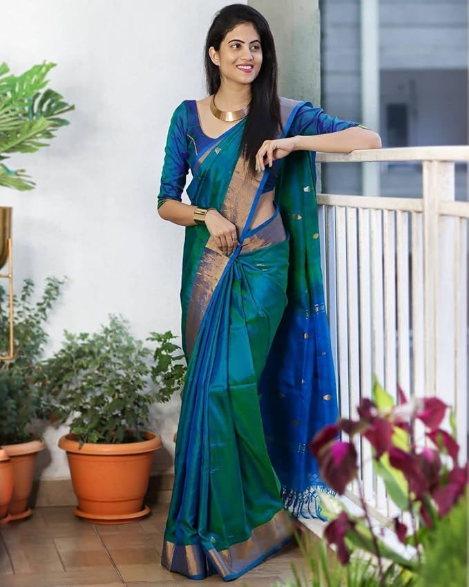 Kanjivaram Soft Silk Saree for Women | Zari Wove | Bottle Green Blue