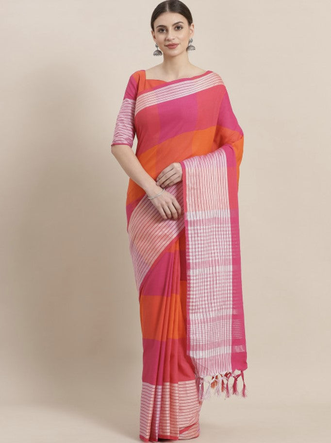 Pink and Orange Silk Cotton Saree for Women | Checked Design with Woven Border and Tassels