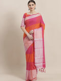 Pink and Orange Silk Cotton Saree for Women | Checked Design with Woven Border and Tassels