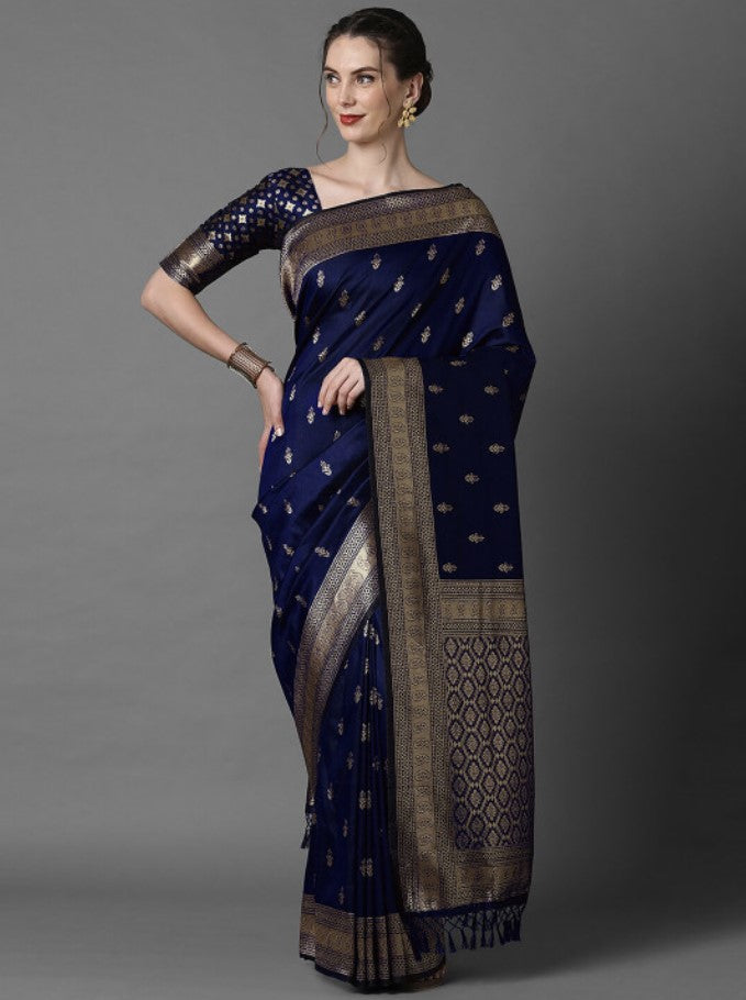 Navy Blue and Gold Banarasi Silk Blend Saree for Women