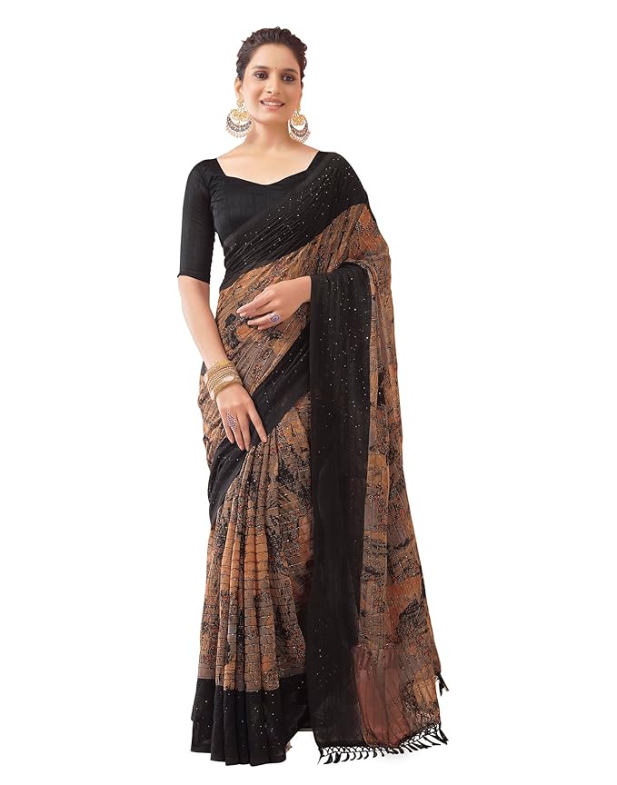Georgette Saree for Women | Printed Sequence Work | Black with Banglori Silk Blouse
