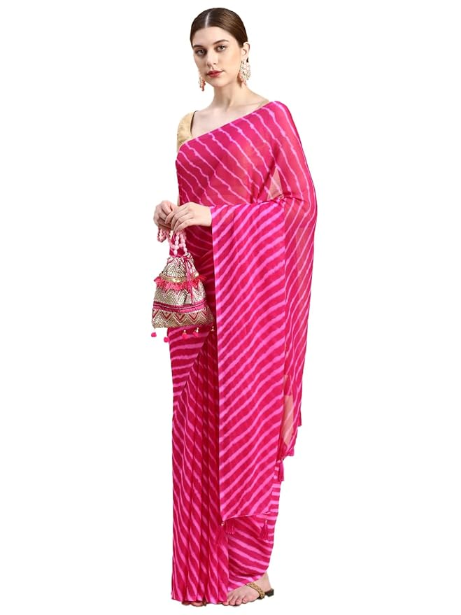 Chiffon Saree for Women | Printed Striped Design with Tassels | Rani Pink