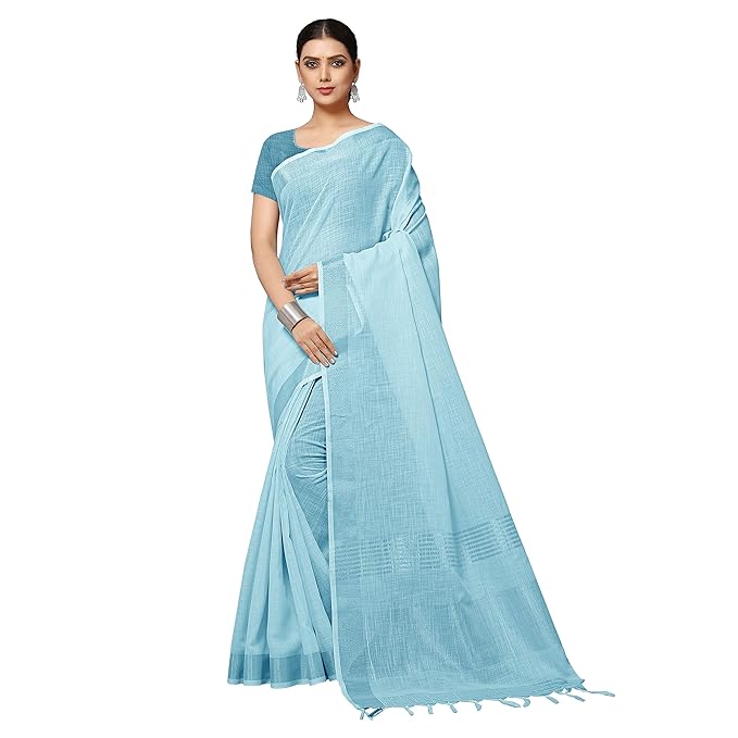 Linen Jacquard Saree for Women | Zari Border Solid Design | With Blouse Piece