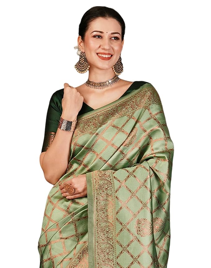 Silk Jacquard Saree for Women | Traditional Woven Design | Pista Green with Dark Green Blouse