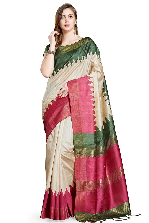 Tussar Silk Printed Saree for Women |Beige and Magenta | Zari Border with Tassels