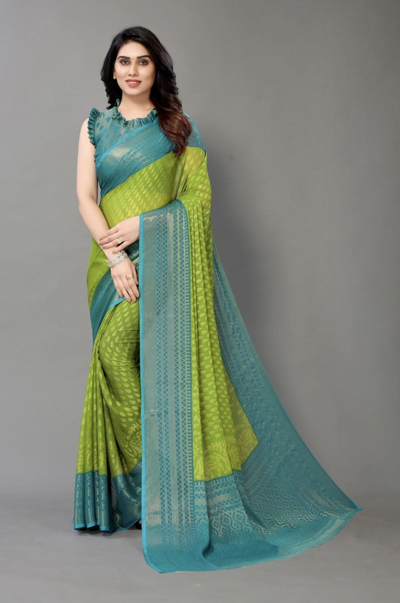 Mehendi Green Chiffon Saree for Women | Animal and Polka Print Design