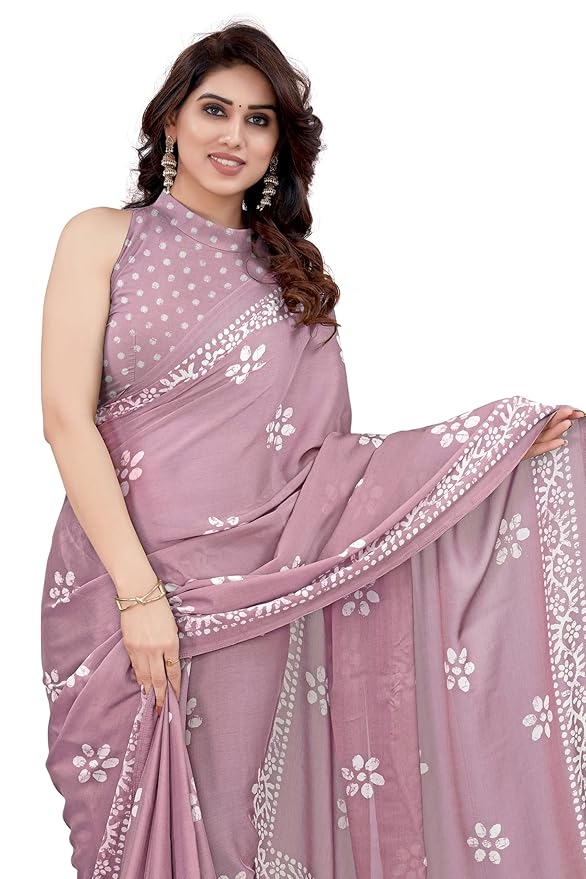 Printed Chiffon Saree for Women | Batik Block Print Design | Pink and White