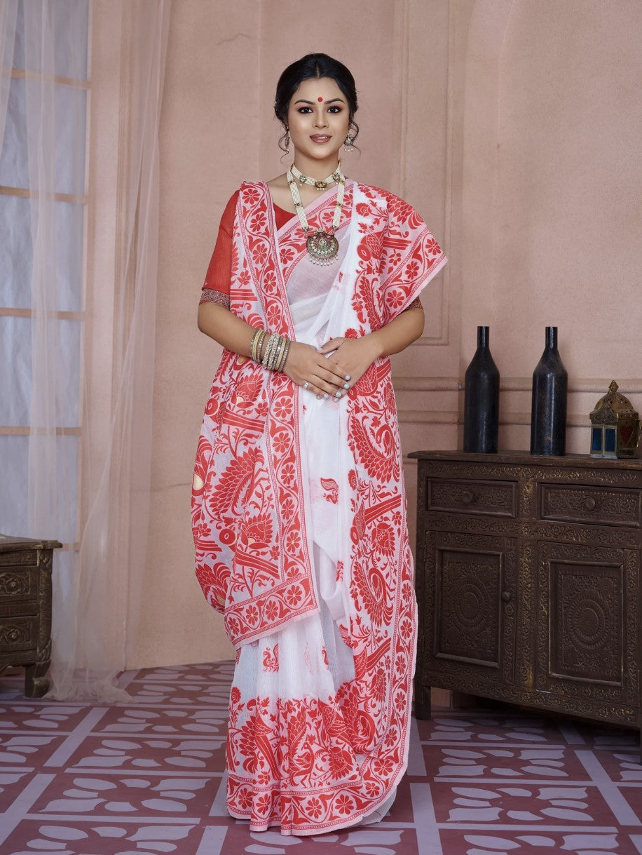 White and Red Saree for Women | Floral Paisley Woven Design