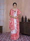 White and Red Saree for Women | Floral Paisley Woven Design