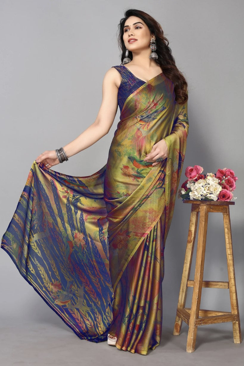 Royal Blue Chiffon Georgette Saree for Women | Floral Printed Design
