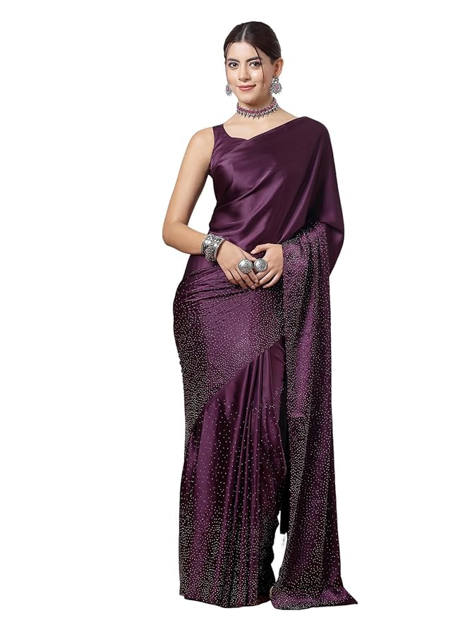Satin Silk Saree for Women | Hot Fixing Design | Wine with Matching Blouse