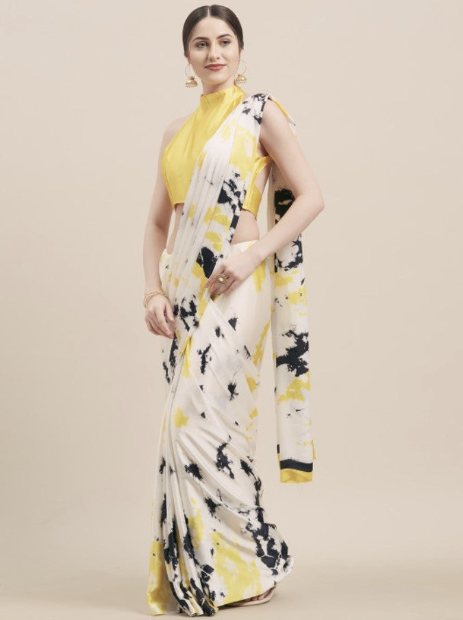 White and Yellow Satin Saree for Women with Printed Border