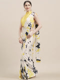 White and Yellow Satin Saree for Women with Printed Border