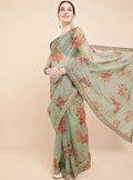 Olive Green and Red Organza Saree for Women | Floral Embellished Design with Sequins
