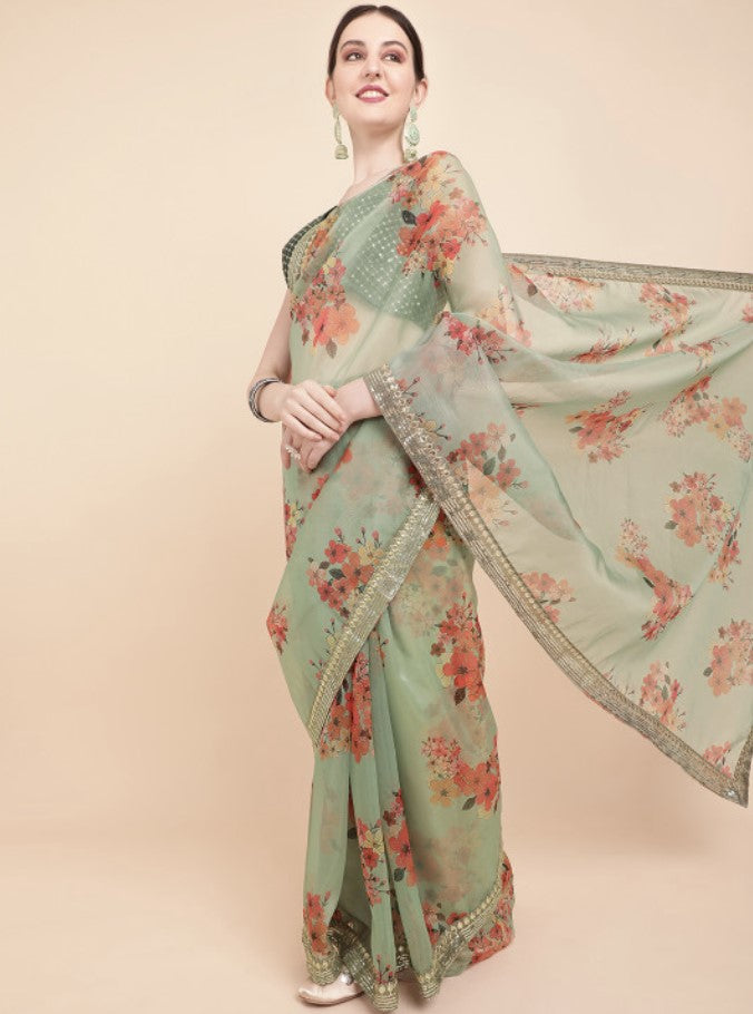 Olive Green and Red Organza Saree for Women | Floral Embellished Design with Sequins