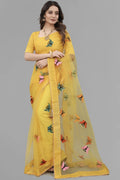 Yellow Net Saree for Women | Butterfly Applique Embroidery with Lace Border
