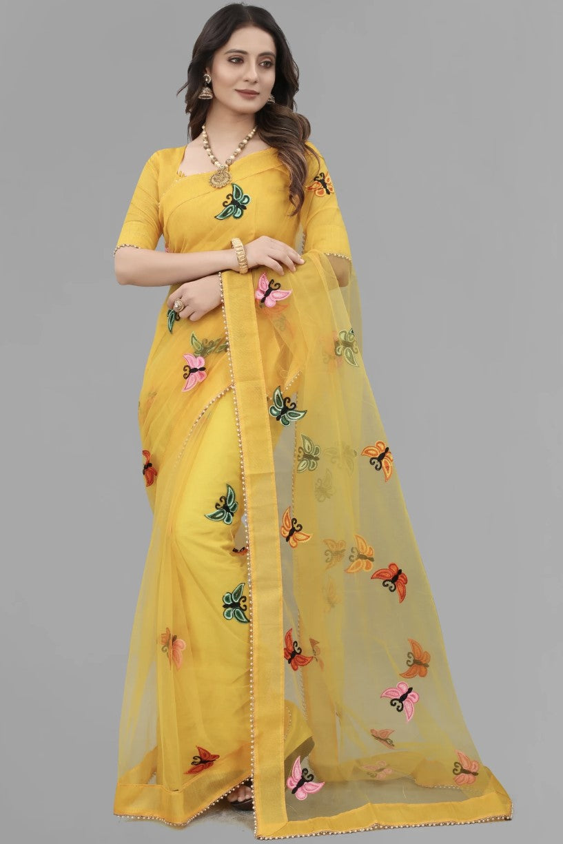 Yellow Net Saree for Women | Butterfly Applique Embroidery with Lace Border
